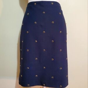Ann Taylor rayon bl. blue gold jewel beaded embellished stretchy pencil skirt 10